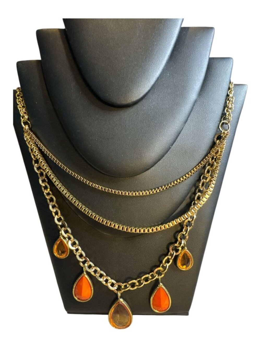 Gold Tone Layered Chain Necklace Amber Orange Teardrop Pendant Statement Vintage